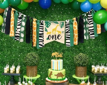 Safari First Birthday Banner, Wild One Baby Decor, Jungle Animal High Chair Banner,ONE Cake Topper,Baby Birthday Supplies,Safari Party Decor