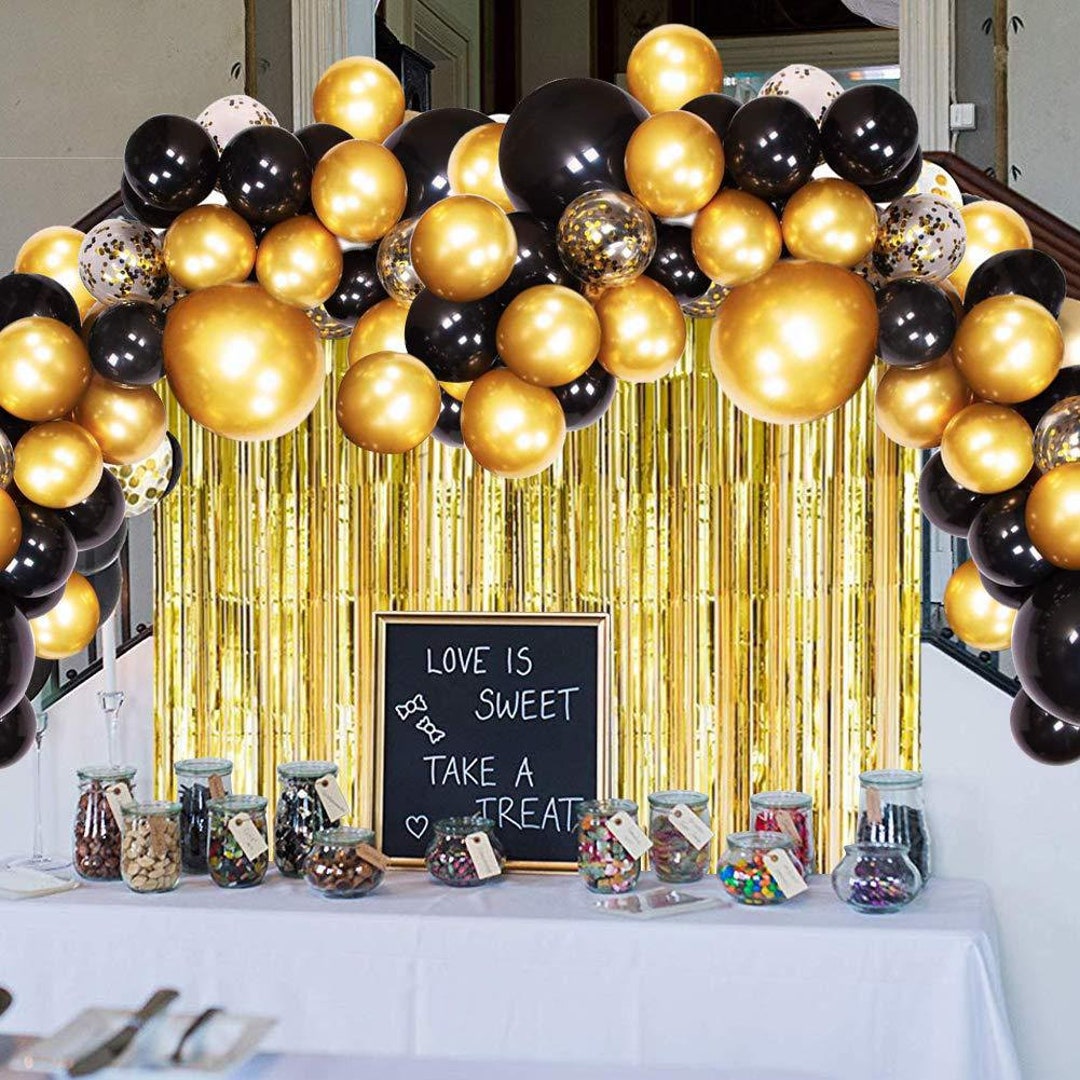 Black and Gold Birthday Decorations, Black and Gold Birthday Party Balloon  Set,metallic Foil Tinsel Fringe Rain Curtain Backdrop 