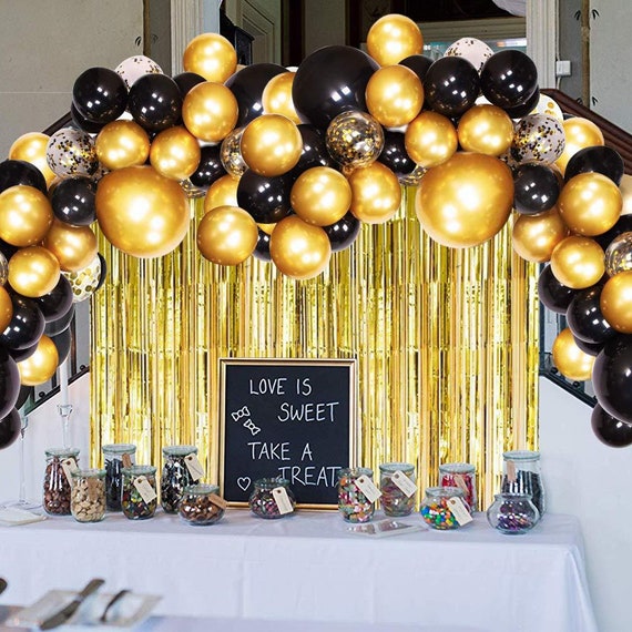 Black and Gold Birthday Decorations, Black and Gold Birthday Party Balloon  Set,metallic Foil Tinsel Fringe Rain Curtain Backdrop 