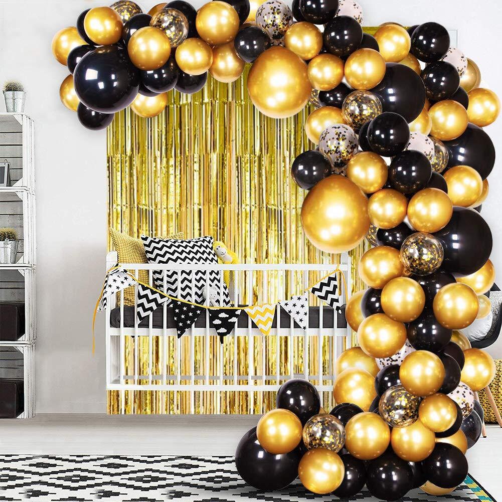 TGDiQiu black and gold balloon birthday decorations ?black and gold party  decorations with 1pcs gold tinsel curtains and banner for b