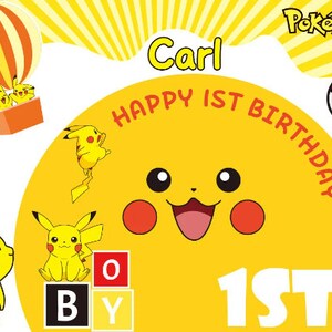 May include: A yellow and red Pokemon birthday card with the text "Carl Happy 1st Birthday" and a Pikachu face. The card also features a hot air balloon with two Pikachu inside and a block that says "BOY".