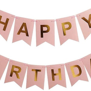 Pink Happy Birthday Banner Signs, Golden Sparkle  Birthday Party, Supplies for Girl Birthday Party Decorations Hanging Decor,