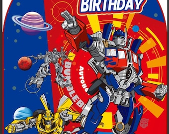Toile de fond d'anniversaire sur le thème Optimus Prime – Décoration murale festive Transformers, prête pour une arche de ballons rouges et bleus
