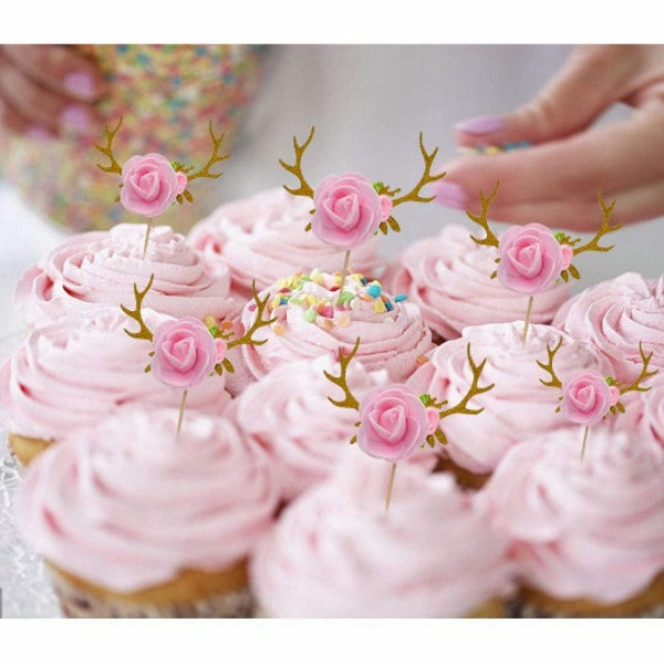 Deer cupcake topper, flower Cupcake Decorations, Baby Shower Girl 1st birthday,  Birthday Supplies