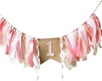Pink First Birthday Highchair Banner, 1st Birthday Ribbon Garland, Boho Cake Smash Decor, Baby Girl Photo Prop, One Year Old Party Decora