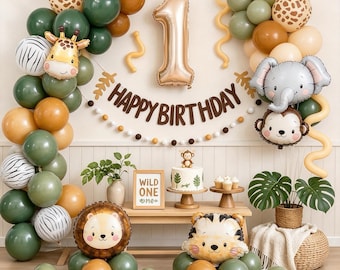 Wild One Ballon-Set, Safari-Ballongirlande, Dschungel-Ballongirlande, Deko zum 1. Geburtstag, Safari-Tier-Party-Set, Giraffen-, Elefanten- und Löwenballons