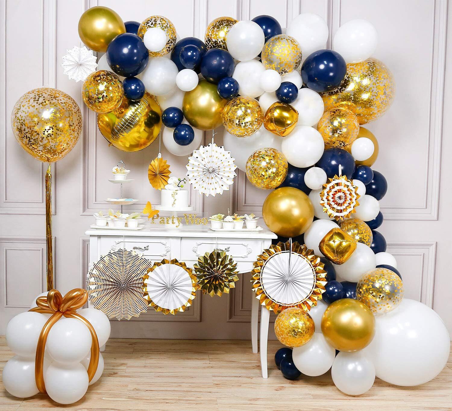 Blue gold balloon Garland Kit,Royal theme party,Blue gold Party Supplies,Royal theme Balloon Arch, Boy's party,Paper party fan
