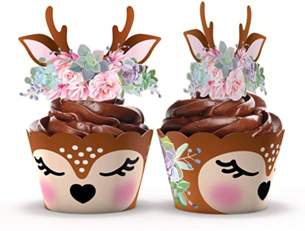 Baby shower 1st Woodland Deer Birthday Party Cupcake Wrappers Toppers Wild One Spirit