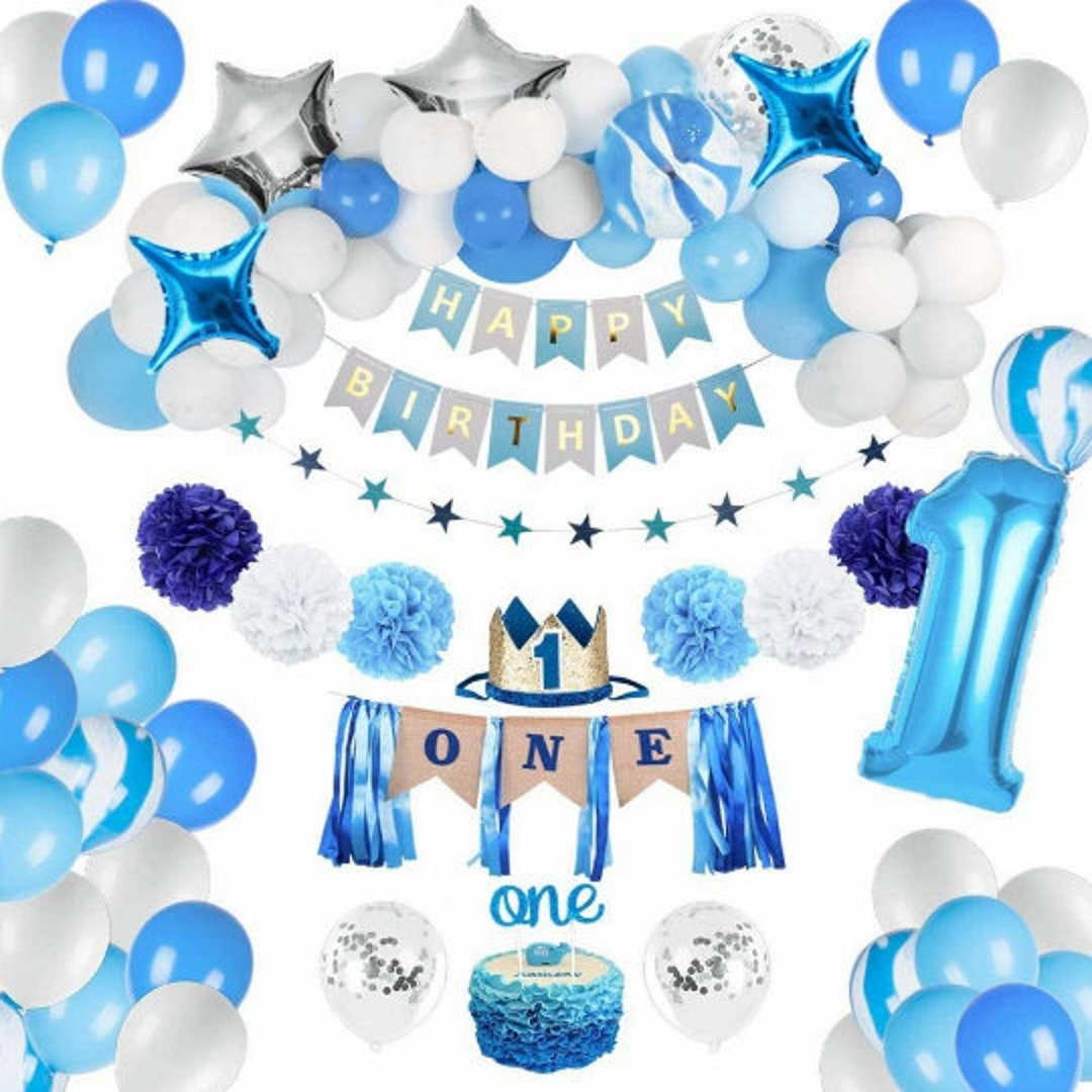 Decoraciones de primer cumpleaños para bebé, suministros de fiesta de color  azul para decoración de trona, corona de príncipe real, pancarta de feliz