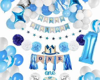 La fiesta de primer cumpleaños de Baby Boy proporciona decoraciones azules, corona de bebé de primer cumpleaños, un adorno para pastel, pancarta de trona para primer cumpleaños
