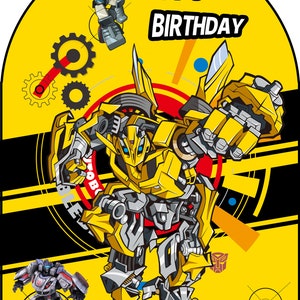 May include: A yellow and black Transformers birthday card featuring Bumblebee and other Transformers characters. The card says "Happy Birthday" in bold black letters.