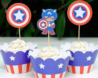 Captain America topper + cupcake Wrappers,Captain America Cupcake Decorations,Baby Shower 1st birthday,Captain America cake topper