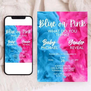 Gender Reveal Einladung | Bearbeitbare Vorlage | Rosa oder Blau, er oder sie Aquarell einladen