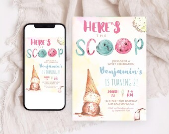 May include: A watercolor invitation with the text "Here's the Scoop" and "Benjamin's is turning 2!" features ice cream cones and scoops in pink, blue, and brown. The invitation includes event details and a penguin illustration.