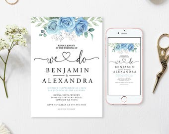 Dusty Blue Floral Wedding Invitation: Elegant Canva Template (5x7) (Digital Download)