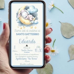 Invito Digitale Battesimo Coniglio elegante Bimbo WHATSAPP - FILE DIGITALE Rabbit with balloons