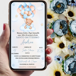 Invito Digitale Battesimo Orsetto con palloncini elegante Bimbo e Bimba WHATSAPP - FILE DIGITALE bear with balloons
