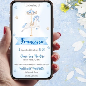 Invito Battesimo Digitale, Caroseul Digital invitation, Inviti personalizzati Carosello Battesimo Giostra cavalli bambino