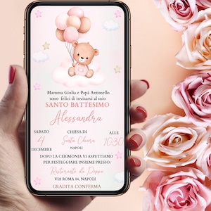 Invito Digitale Battesimo Orsetto con palloncini elegante Bambina WHATSAPP - FILE DIGITALE bear with balloons