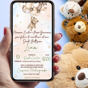 Invito Digitale Battesimo Orsetto con palloncini elegante Bimbo e Bimba WHATSAPP - FILE DIGITALE bear with balloons