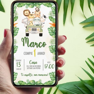 Invito digitale compleanno GIUNGLA con macchina, Digital Invitation Birthday Party jungle SAFARI , invito whatsapp