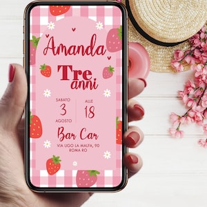 Digital Invitation Birthday Party fragole, ITA/ENG, invito digitale whatsapp. Strawberry compleanno Invitation Party