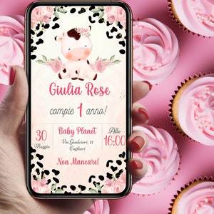 Digitale Einladung zur Geburtstagsfeier, Kuhtiere. Erste Geburtstagseinladung. DIGITALE WhatsApp-elegante Kuh, süße Kuh-Einladungsparty