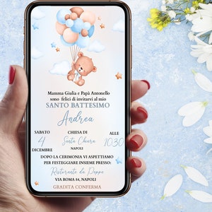 Invito Digitale Battesimo Orsetto con palloncini elegante Bimbo e Bimba WHATSAPP - FILE DIGITALE bear with balloons