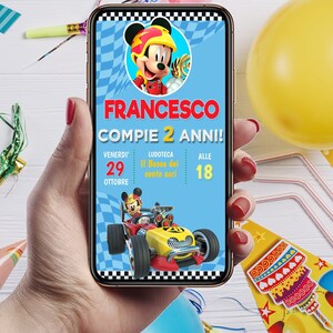 Digital Invitation Birthday Party,  invito digitale whatsapp. topolino e gli amici del rally,  mickey mouse rallyBirthday Invitation Party