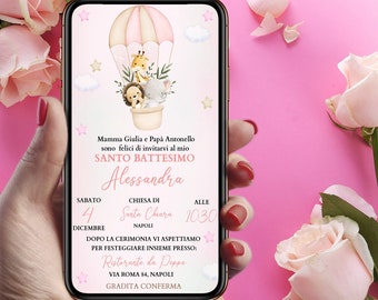 Digital Invitation for Baptism of animals with elegant hot air balloon for girls WHATSAPP - DIGITAL FILE animals with balloon