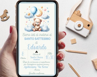Digital Invitation for Baptism with Bear and Balloons, Elegant for Boys and Girls, WHATSAPP - DIGITAL FILE