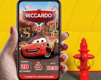 Invitación digital para fiesta de cumpleaños de CARS (ITA/INGLÉS), invitación digital para WhatsApp. Invitación para fiesta de cumpleaños de Rayo McQueen con el coche de Cars.