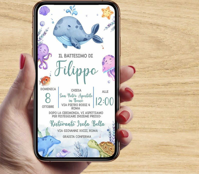 Invito digitale battesimo Mare e pesci, personalizzato per WhatsApp