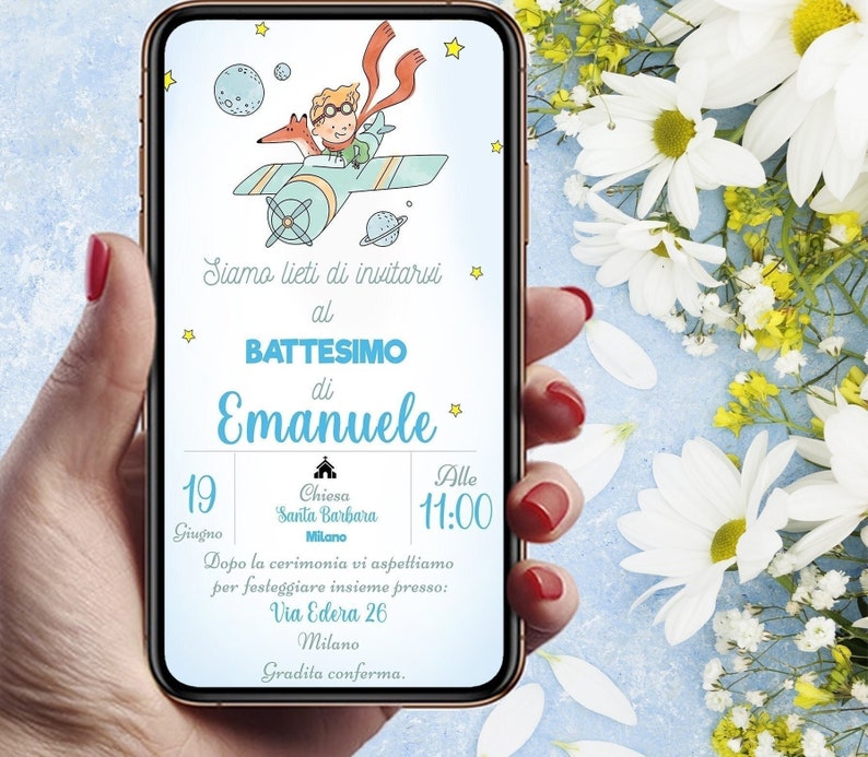 Invito digitale battesimo Piccolo Principe in aereo, personalizzato per WhatsApp