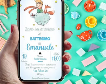 May include: A smartphone screen displaying a digital invitation for a baptism. The design features a cartoon illustration of a boy and a fox on a small planet, with text in Italian including the name Emanuele, date, time, and location details.