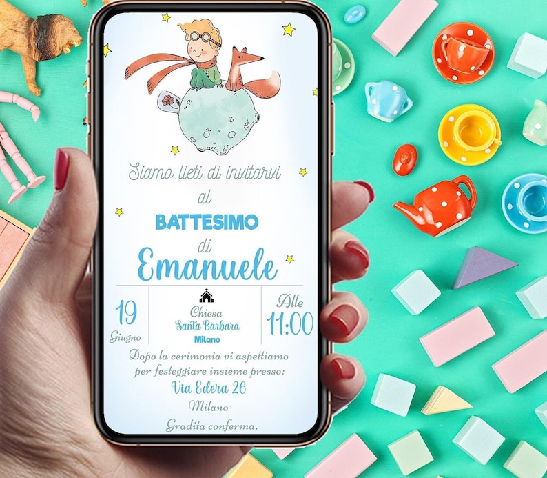 Invito digitale battesimo Piccolo Principe con stelle e pianeti, personalizzato per WhatsApp