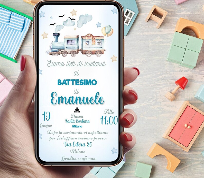 Invito digitale battesimo Trenino elegante, personalizzato per WhatsApp