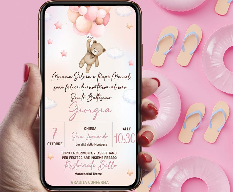 Invito digitale battesimo Orsetto con palloncini neutri, personalizzato per WhatsApp