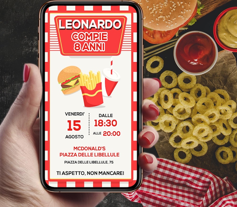Invito digitale compleanno Hamburger, patatine e bibita, personalizzato per WhatsApp
