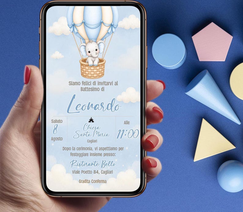 Invito battesimo con elefantino elegante, digitale personalizzato per WhatsApp