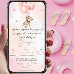 Invito Digitale Battesimo Orsetto con palloncini elegante Bimba WHATSAPP - FILE DIGITALE bear with balloons girl