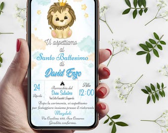 lion cub with crown Baptism Invitation, Personalized Digital Invitation for WhatsApp