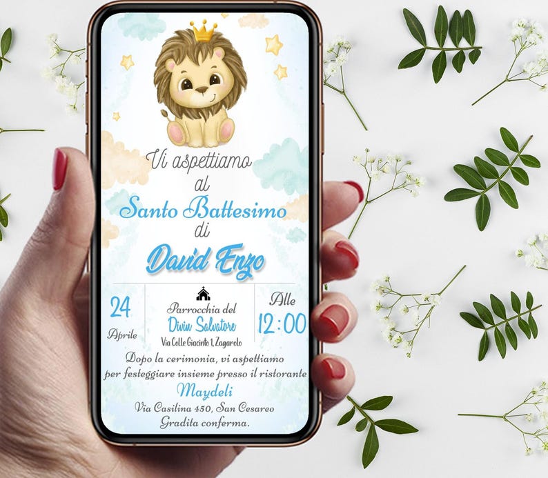 Invito digitale battesimo Leoncino con corona, personalizzato per WhatsApp