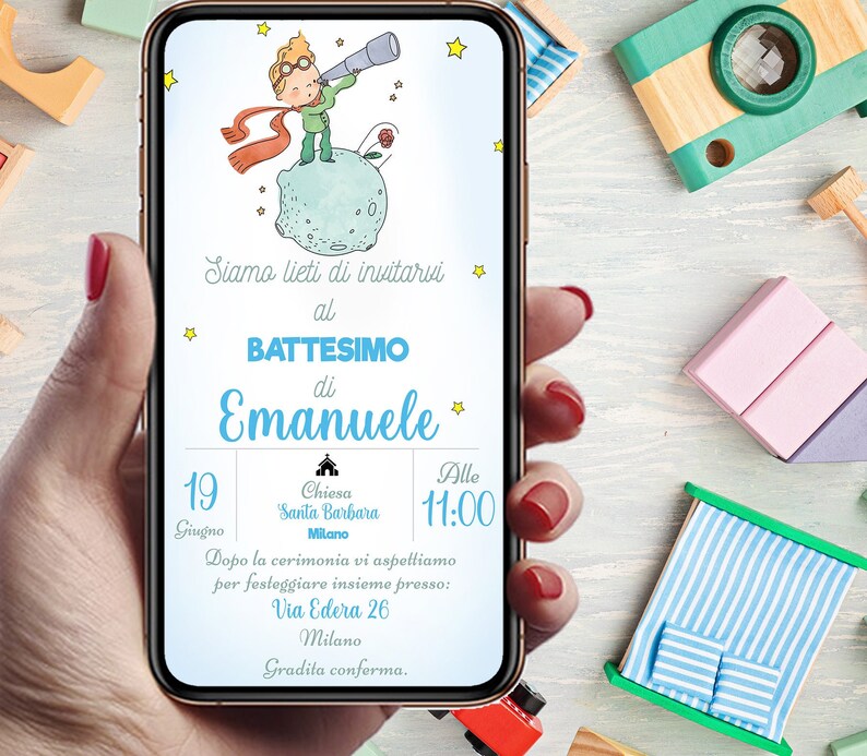 Invito digitale battesimo Piccolo Principe, personalizzato per WhatsApp