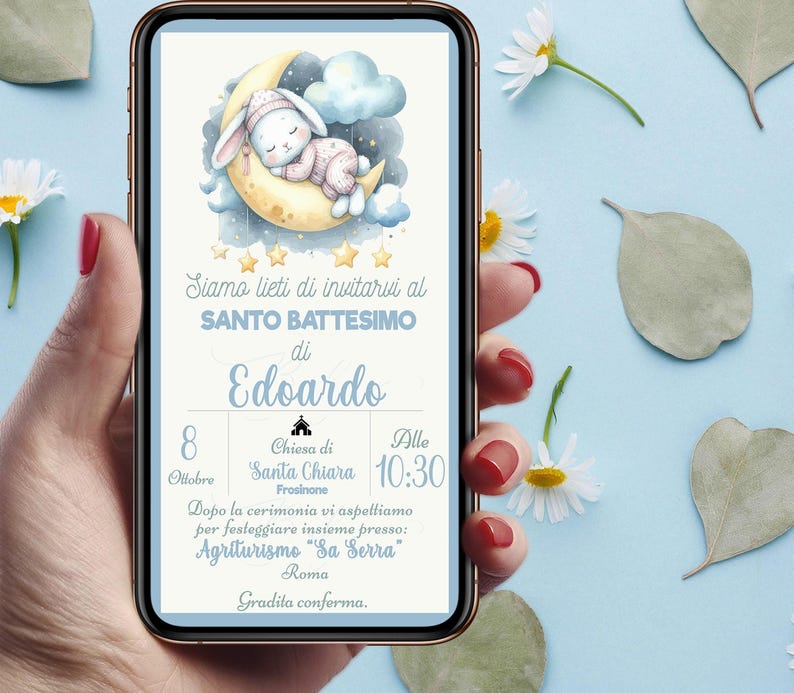 Invito digitale battesimo Coniglietto elegante per bambino, personalizzato per WhatsApp