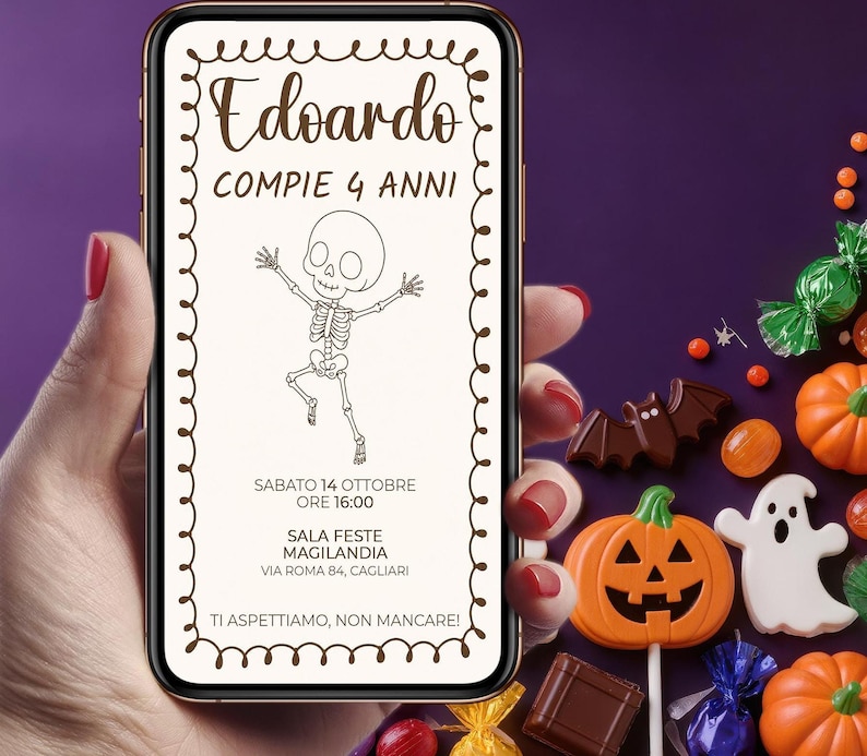 Invito Compleanno Halloween con Scheletro, Digitale Personalizzato per WhatsApp