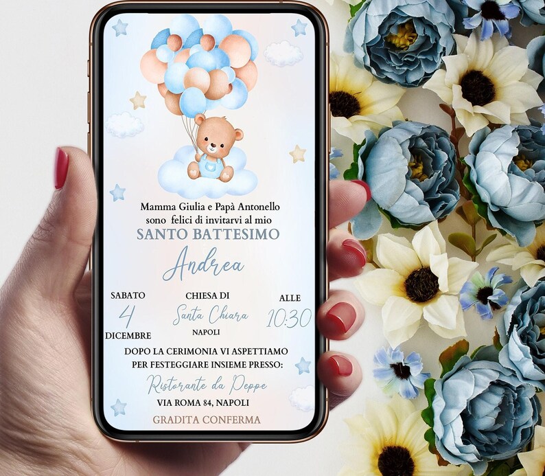 Invito digitale battesimo Orsetto con palloncini azzurri, personalizzato per WhatsApp