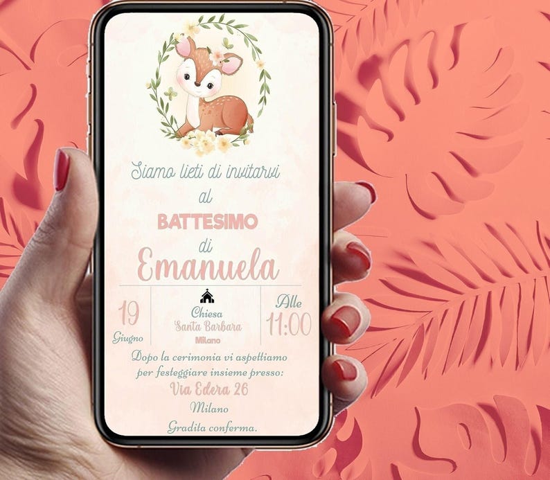 Invito digitale battesimo Cerbiatto woodland, personalizzato per WhatsApp
