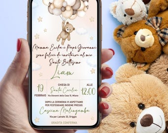 bear with delicate balloons Baptism Invitation, Personalized Digital Invitation for WhatsApp