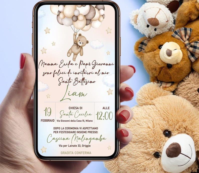Invito digitale battesimo Orsetto con palloncini delicati, personalizzato per WhatsApp